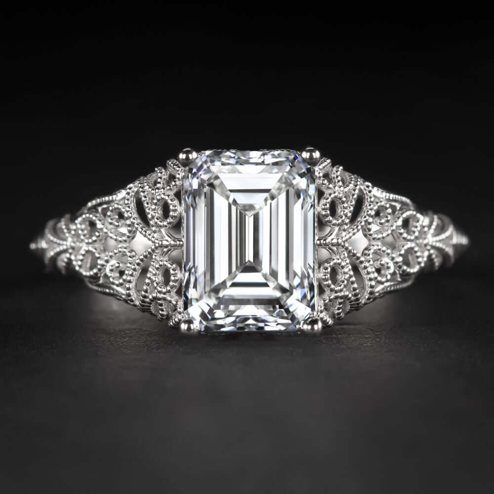 2ct LAB CREATED DIAMOND ENGAGEMENT RING IGI CERTIFIED F VVS2 EMERALD CUT VINTAGE