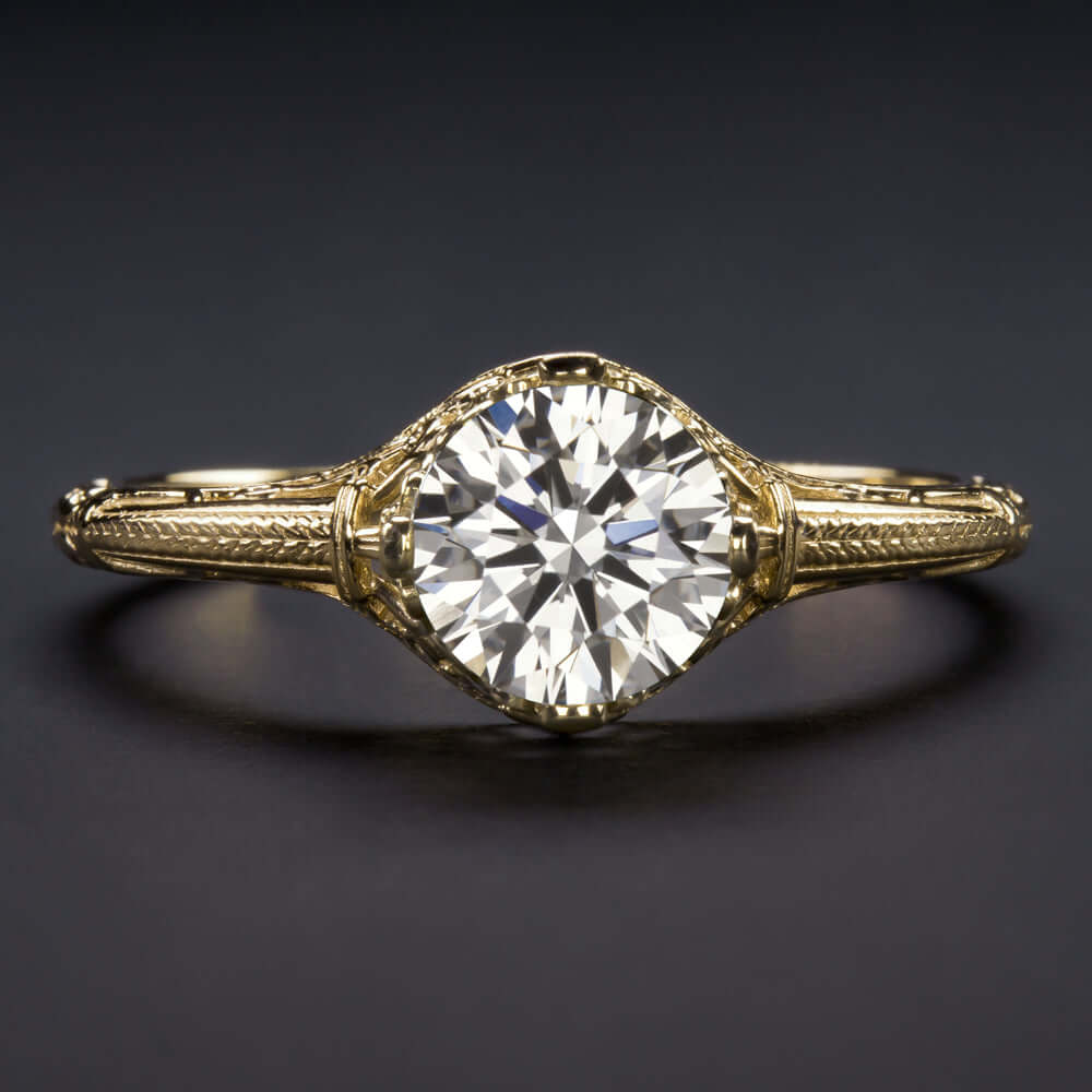 0.72ct LAB CREATED DIAMOND ENGAGEMENT RING VINTAGE YELLOW GOLD CERTIFIED K VS2