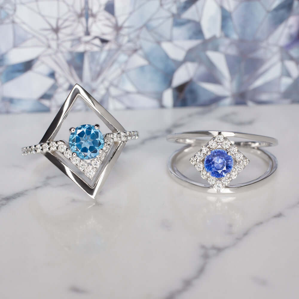 BLUE SAPPHIRE DIAMOND COCKTAIL RING GEOMETRIC MODERN DOUBLE BAND 14K WHITE GOLD