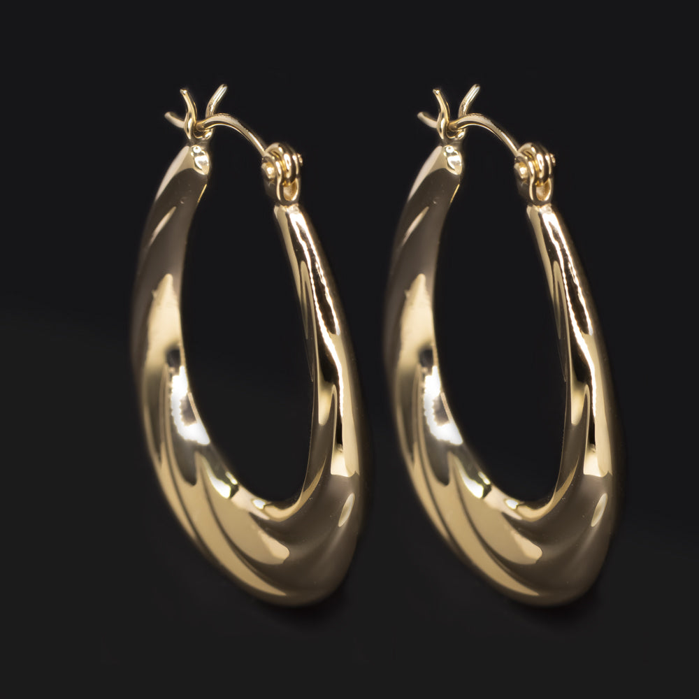 14K YELLOW GOLD OVAL HOOP EARRINGS TWIST SIMPLE CLASSIC EVERYDAY