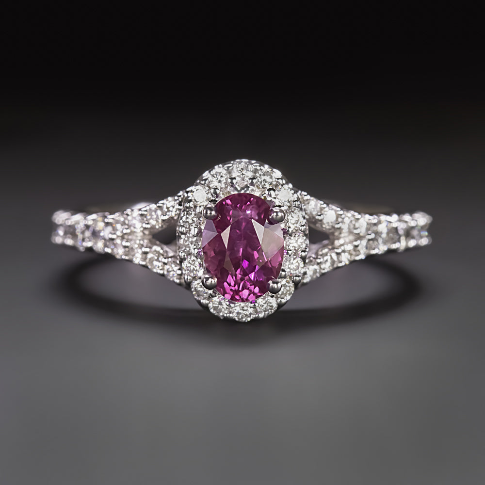 PINK SAPPHIRE DIAMOND COCKTAIL RING OVAL SHAPE HALO SPLIT SHANK