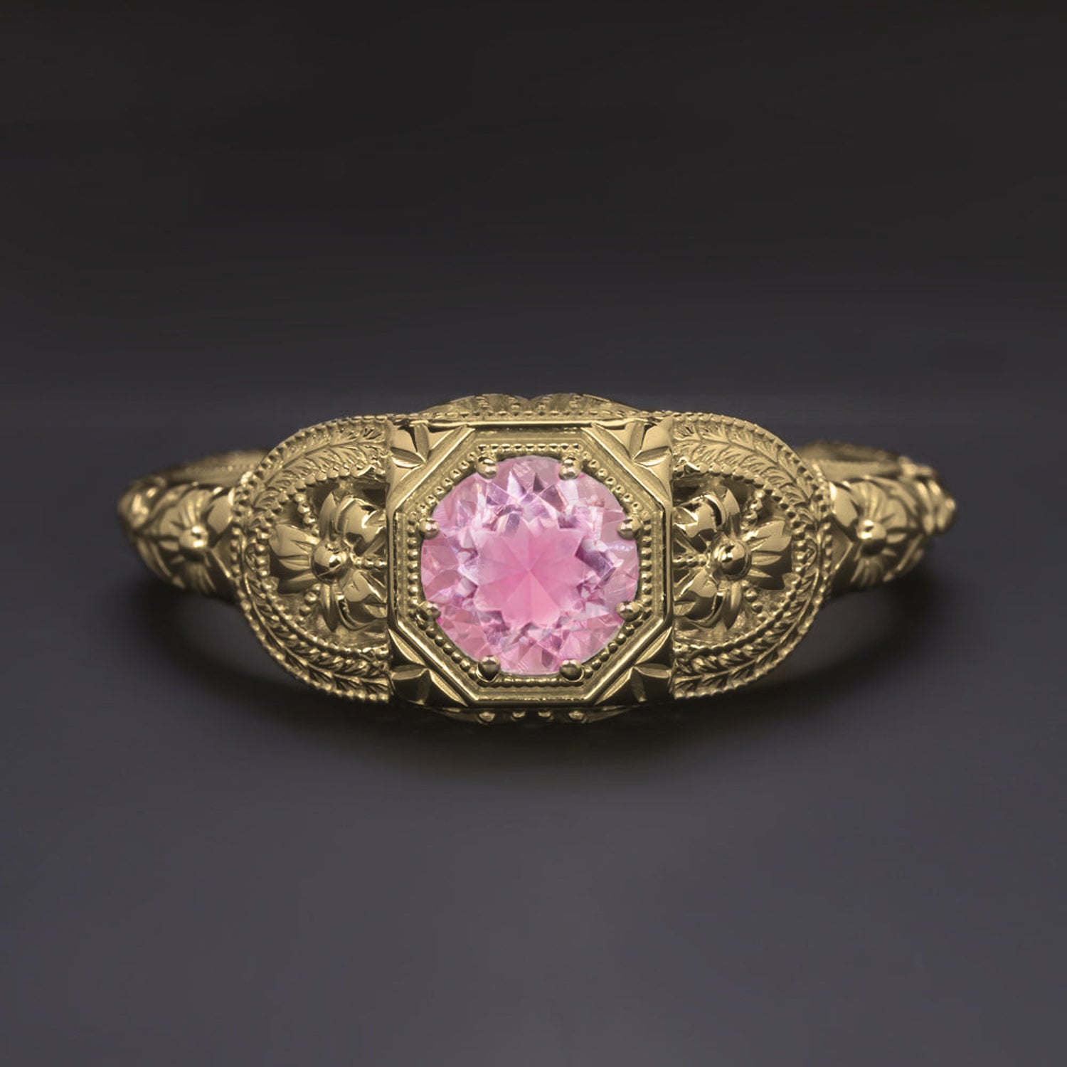VINTAGE STYLE PINK TOURMALINE 14k YELLOW GOLD RING FLORAL ART DECO SOLITAIRE