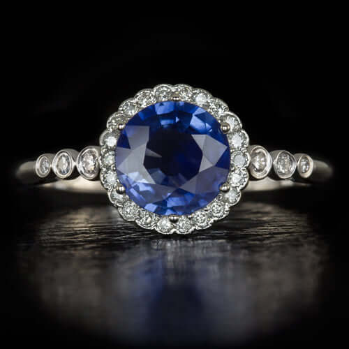 NATURAL ROYAL BLUE SAPPHIRE ROUND DIAMOND HALO ENGAGEMENT