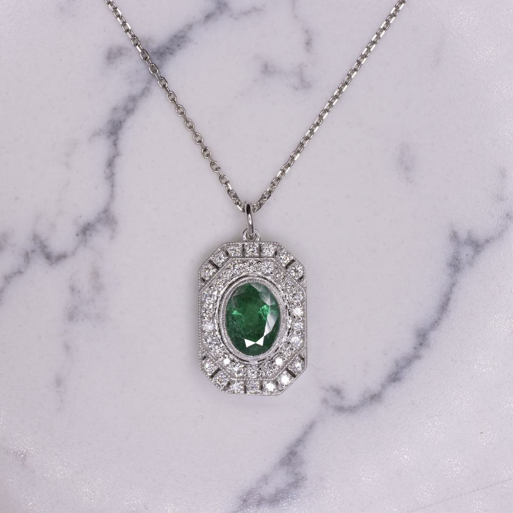 EMERALD DIAMOND VINTAGE STYLE NECKLACE ART DECO OVAL GEOMETRIC