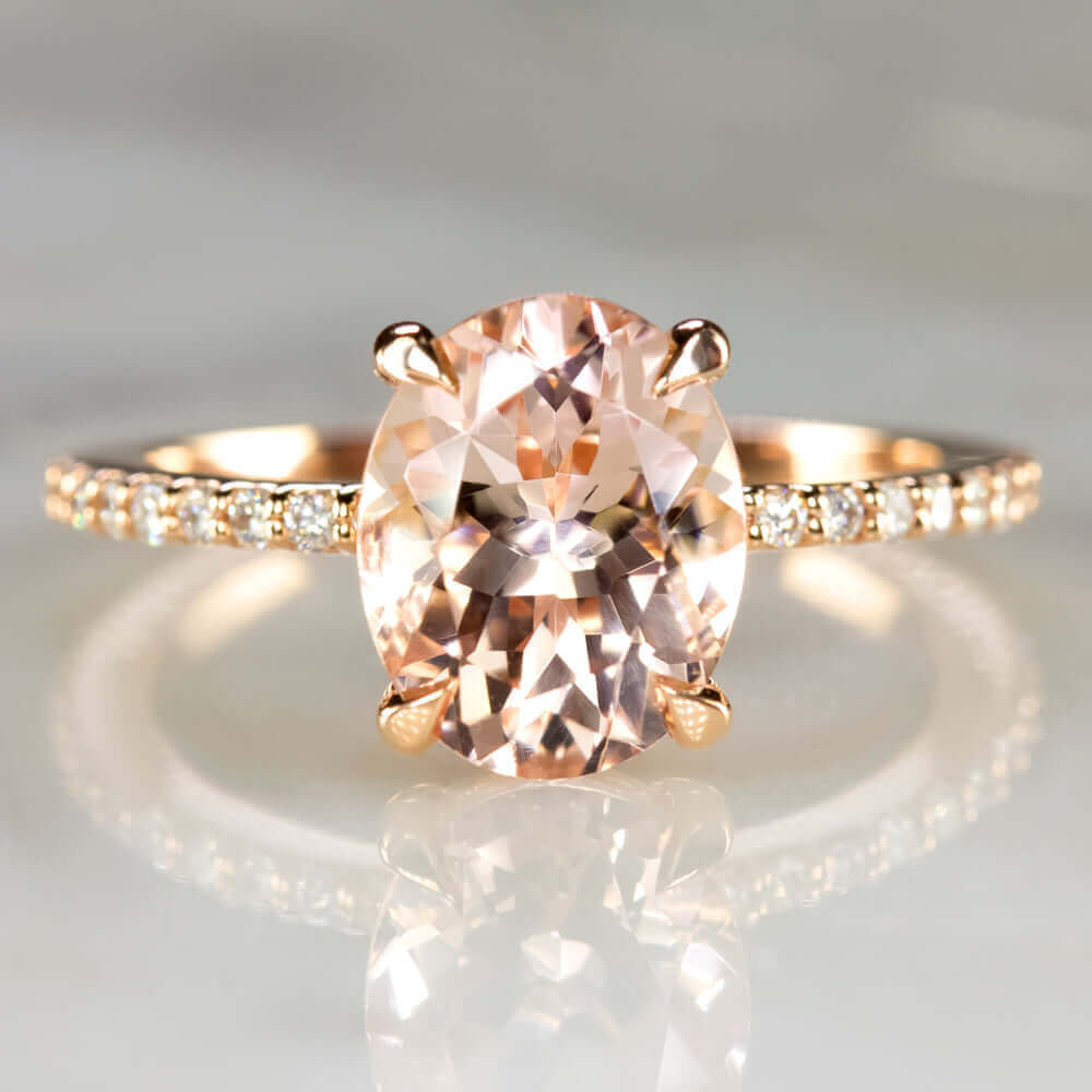 MORGANITE ENGAGEMENT RING DIAMOND PAVE BAND OVAL CUT ROSE