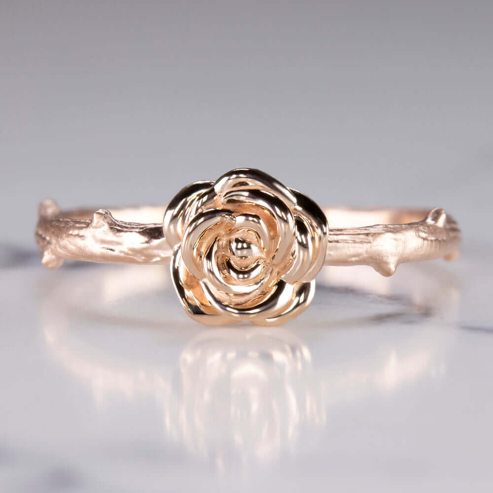 14k ROSE GOLD ROSE BLOSSOM RING FLOWER SOLITAIRE FLORAL BOTANICAL