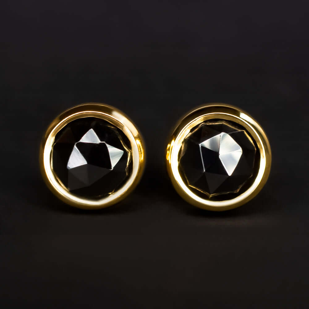 14K YELLOW GOLD BLACK SPINEL STUD EARRINGS 5mm ROUND ROSE CUT