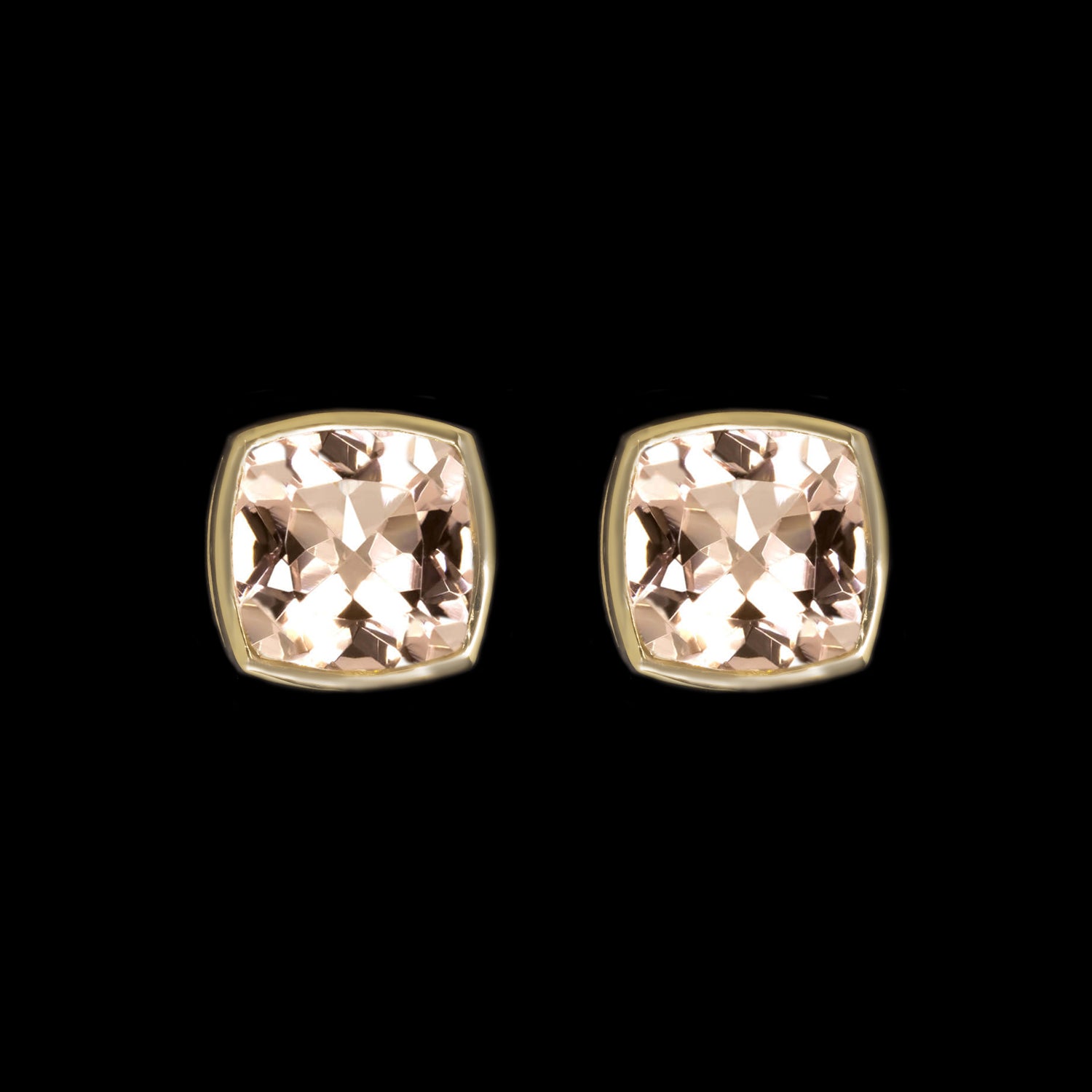MORGANITE STUD EARRINGS 14k GOLD BEZEL NATURAL CUSHION