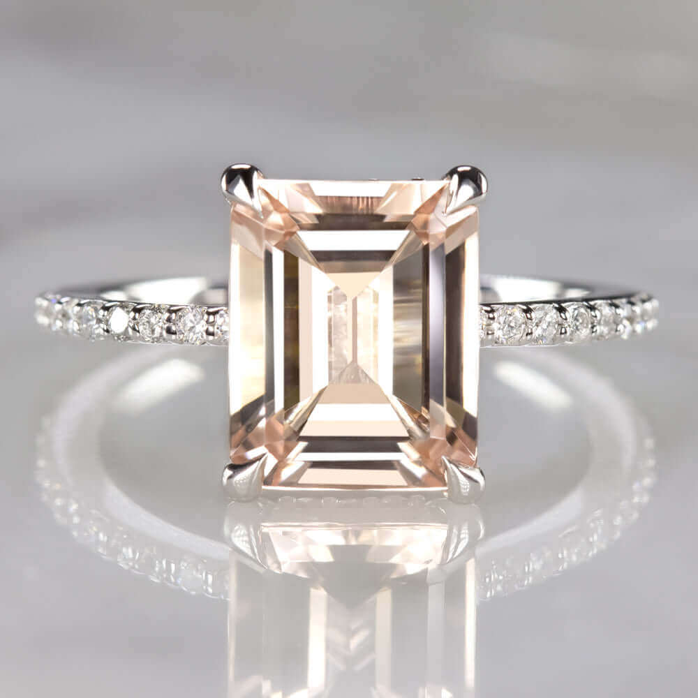 EMERALD CUT MORGANITE DIAMOND ENGAGEMENT RING WHITE