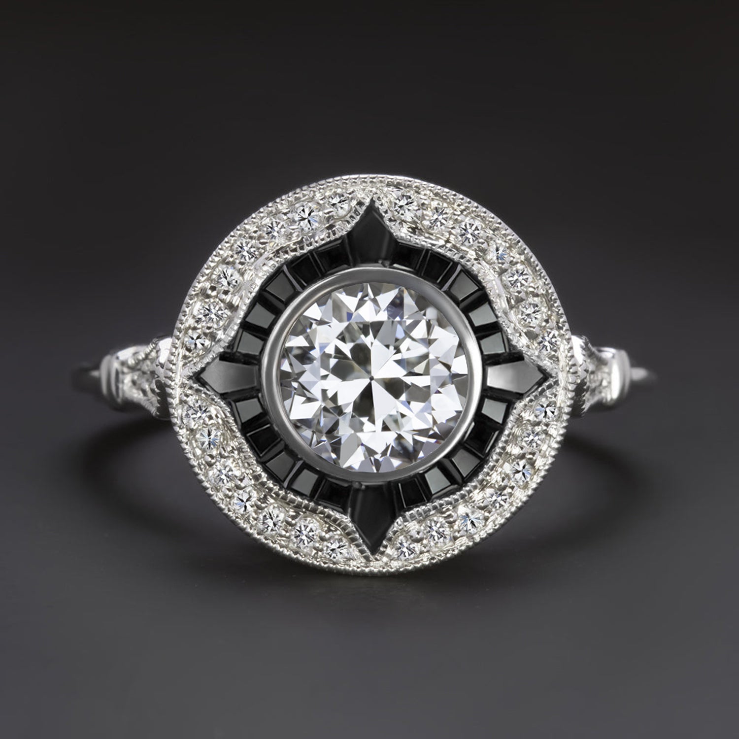 GIA CERTIFIED OLD EUROPEAN CUT DIAMOND ONYX RING VINTAGE STYLE 14k 