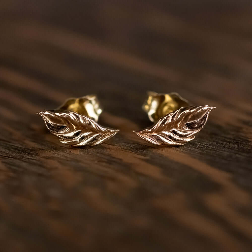 LEAF EARRINGS 14K YELLOW GOLD STUDS DAINTY MINIMALIST ORGANIC