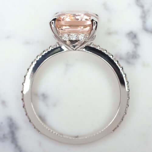 9MM CUSHION PEACH PINK MORGANITE DIAMOND ENGAGEMENT RING PAVE BAND