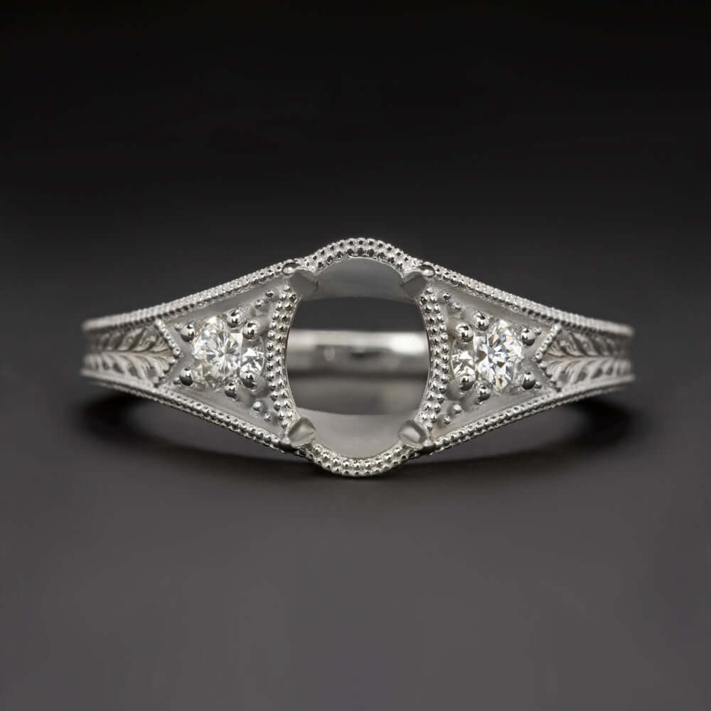 VINTAGE STYLE DIAMOND RING SETTING OVAL SHAPE MOUNT 14k WHITE GOLD