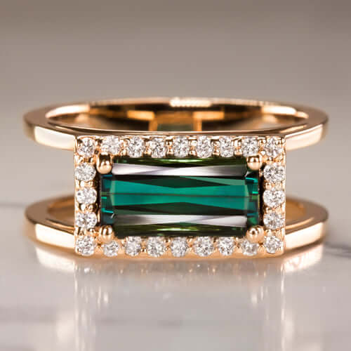 Blue Green Tourmaline Diamond Emerald Cut Cocktail Ring Double Band 14 Rose Gold 7.75 Blue Green Tourmaline Diamond Emerald Cut Cocktail Ring Double Band 14 Rose Gold 7.75