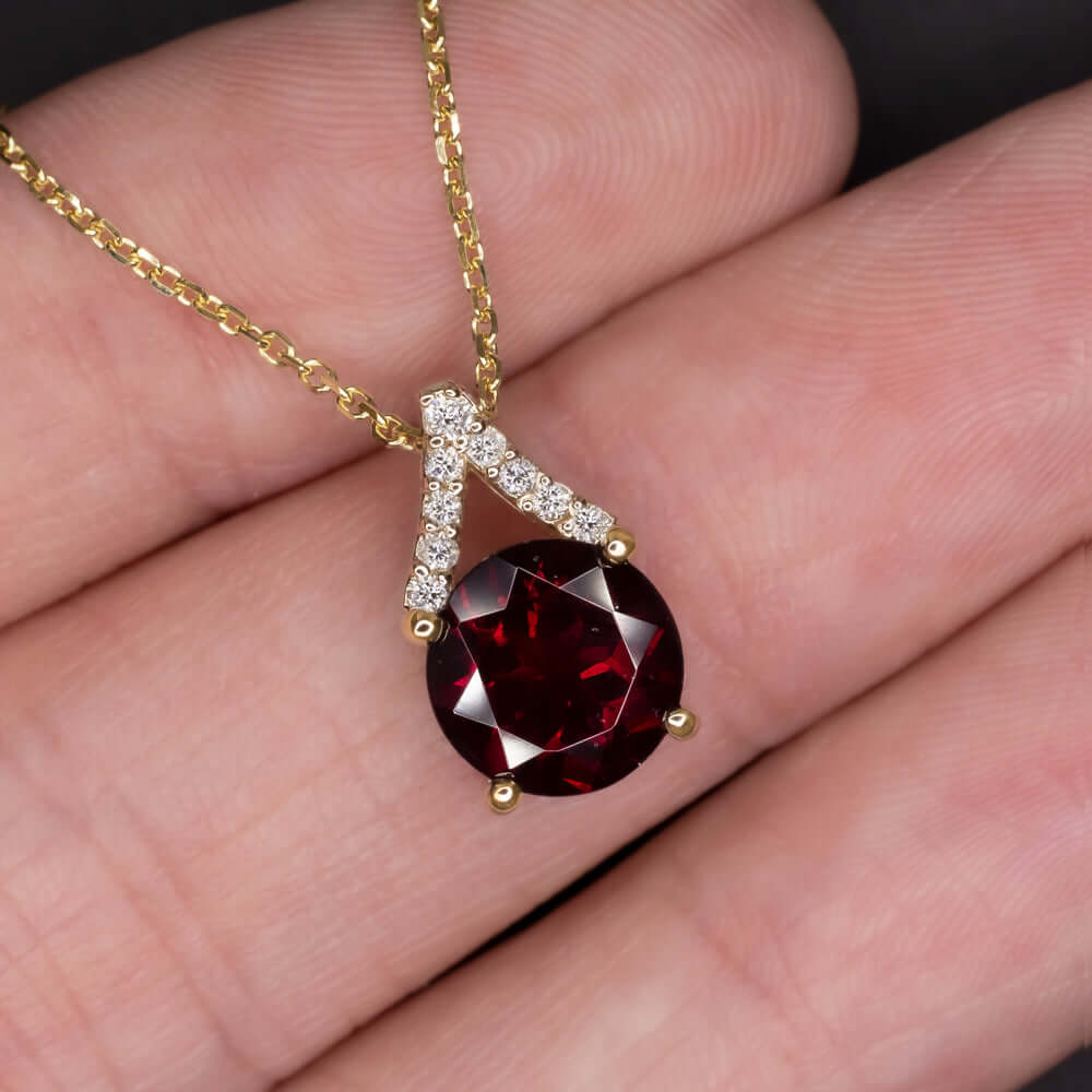 GARNET NATURAL DIAMOND PENDANT 14K YELLOW GOLD NECKLACE RED JANUARY BIRTHSTONE