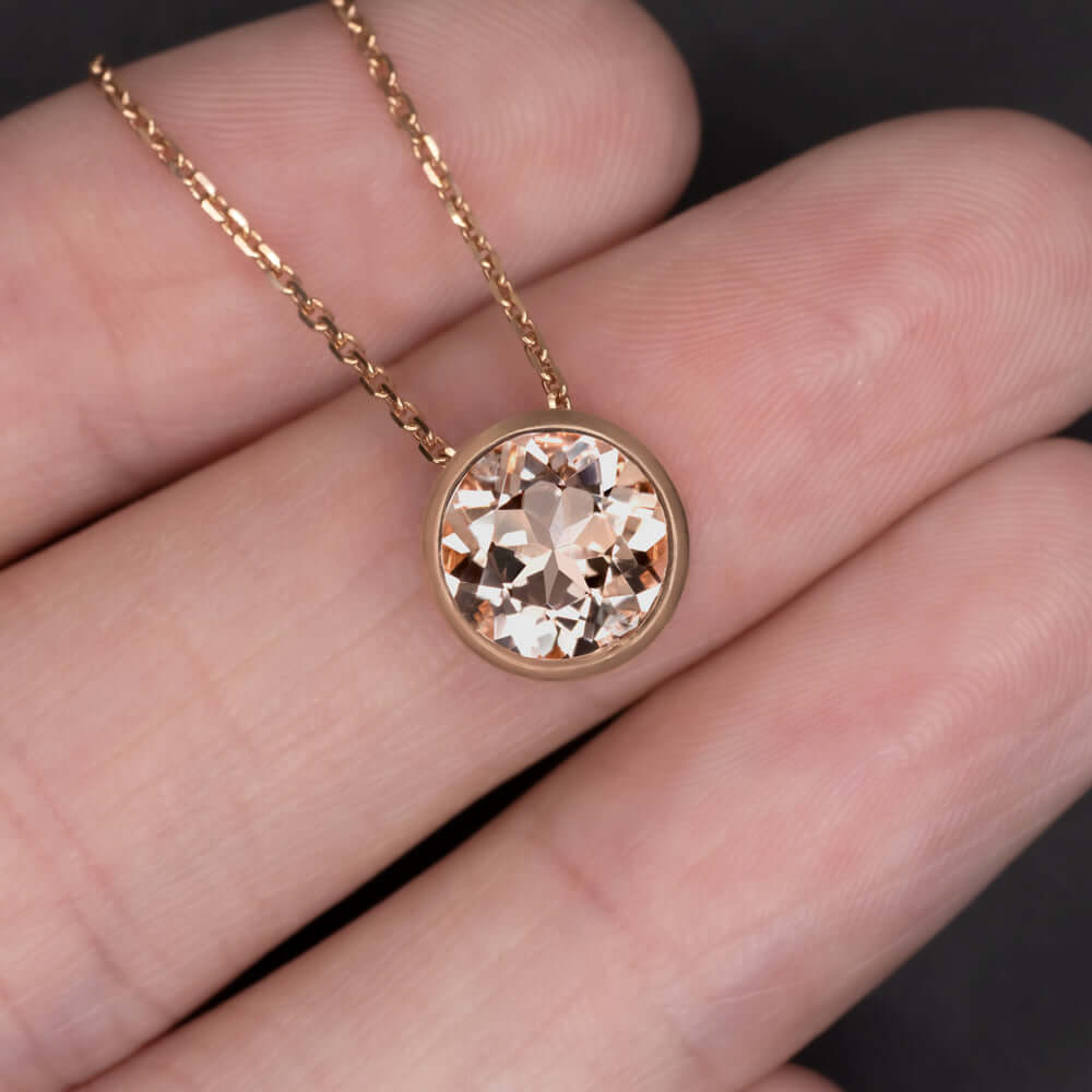 NATURAL MORGANITE PENDANT NECKLACE 8mm ROUND CUT 14k ROSE GOLD