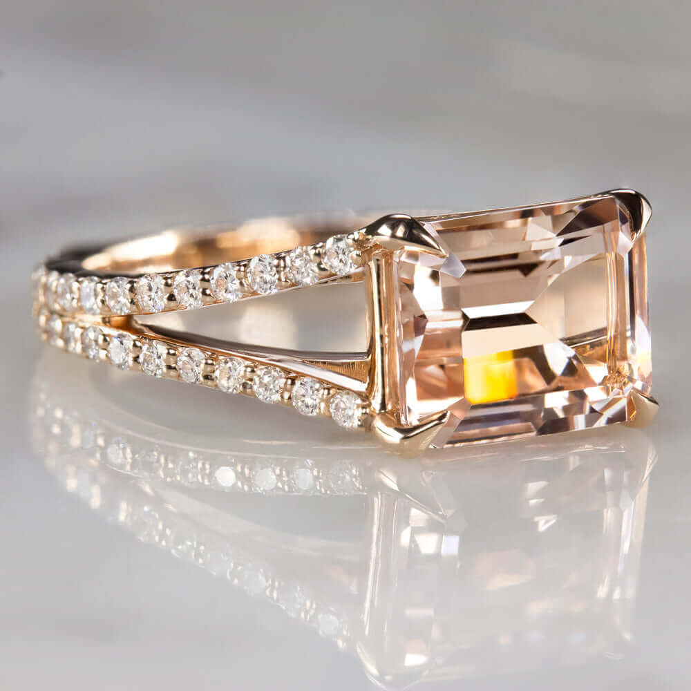2.7 EMERALD CUT MORGANITE .60ct DIAMOND COCKTAIL RING EAST WEST PINK ...