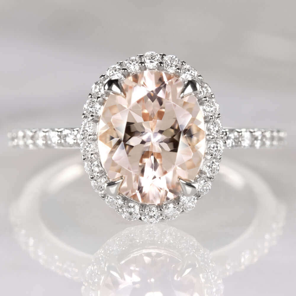 OVAL HALO MORGANITE DIAMOND ENGAGEMENT RING PINK WHITE