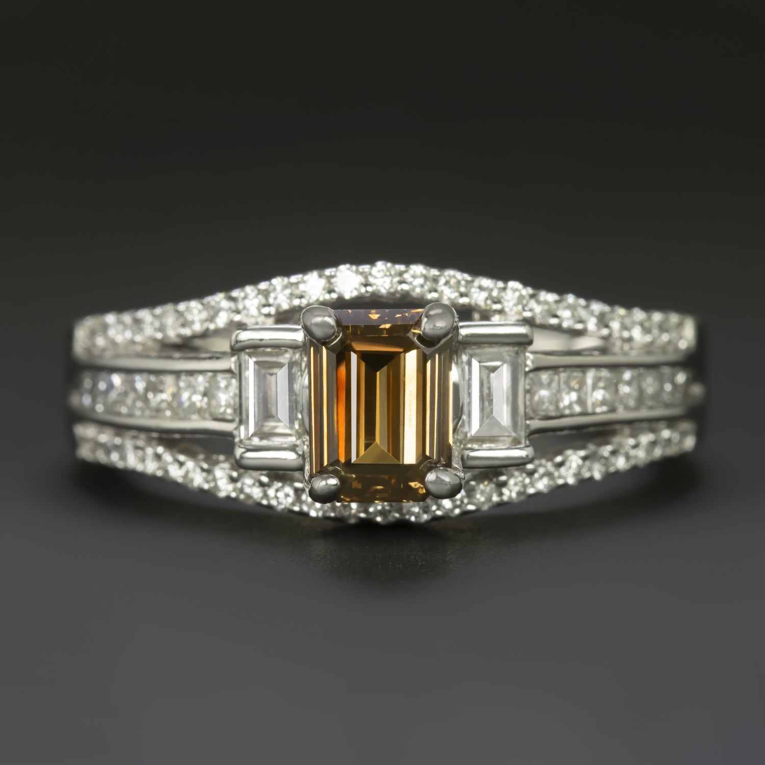 1.46ctw FANCY ORANGY BROWN DIAMOND ENGAGEMENT RING EMERALD CUT