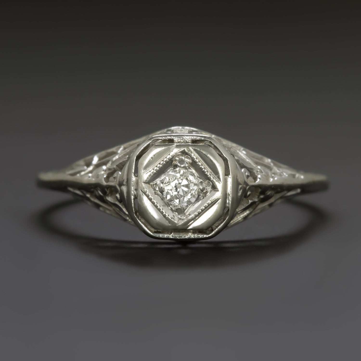 VINTAGE DIAMOND SOLITAIRE RING OLD EUROPEAN CUT 18K WHITE GOLD