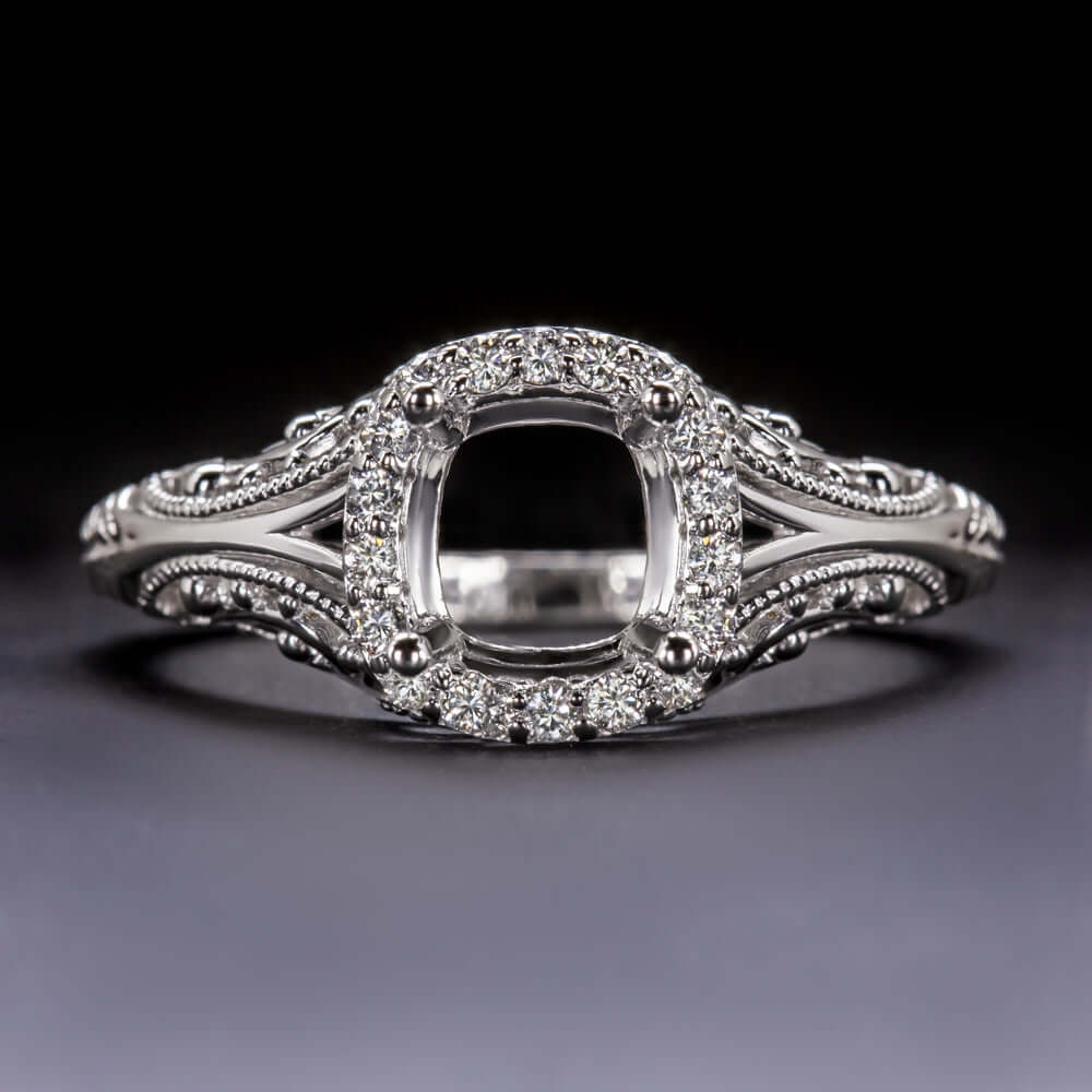 VINTAGE STYLE FILIGREE DIAMONDS CUSHION SETTING SEMI-MOUNT 14