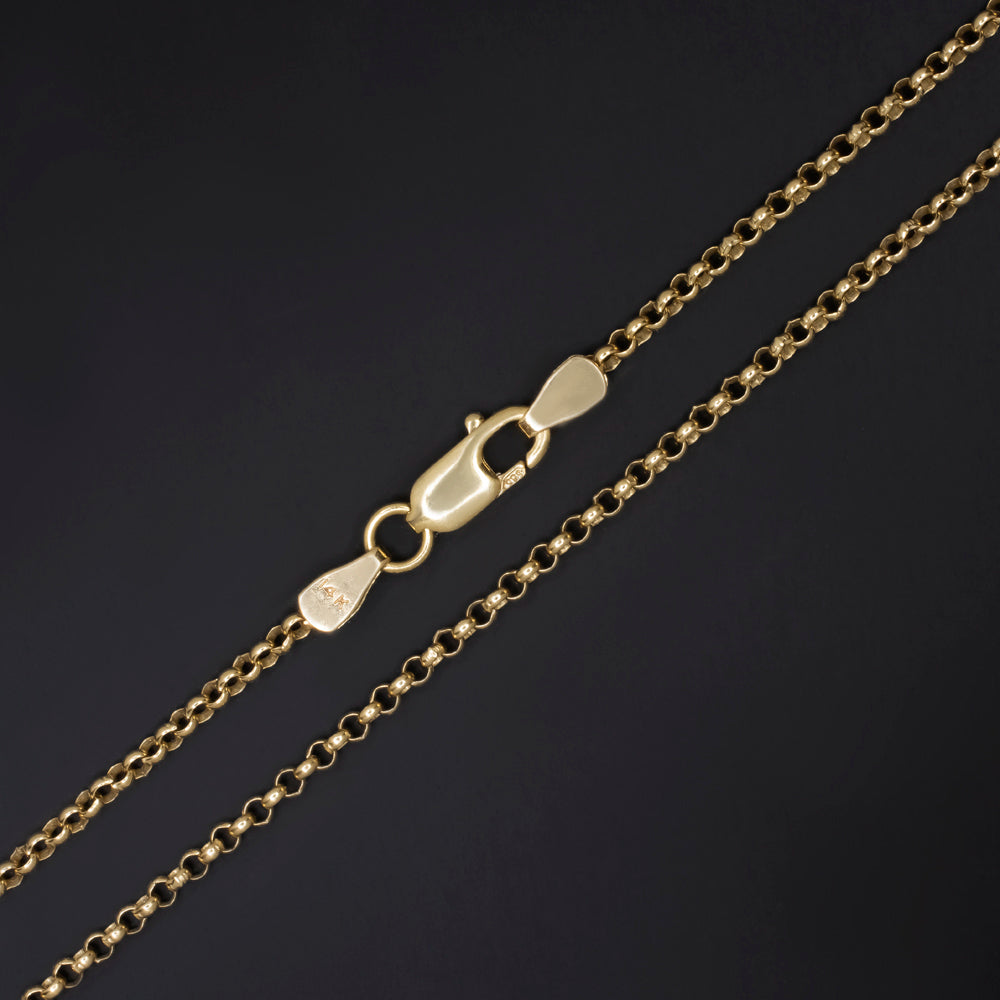 Solid 14k yellow gold rollo chain necklace featuring a sturdy lobster clasp, designed for daily wear, 20 inches long.