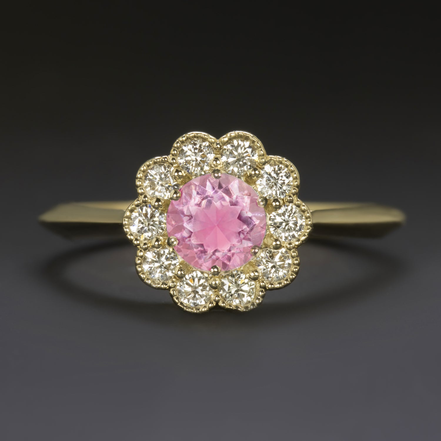 PINK TOURMALINE DIAMOND COCKTAIL RING SCALLOPED HALO 14k YELLOW