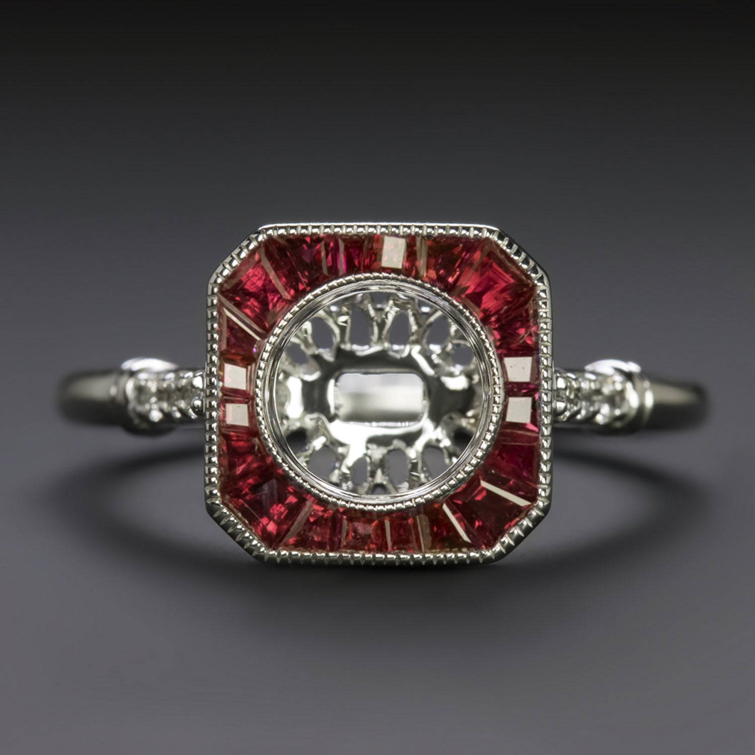 VINTAGE STYLE RUBY HALO ENGAGEMENT RING SETTING ROUND BEZEL MOUNT