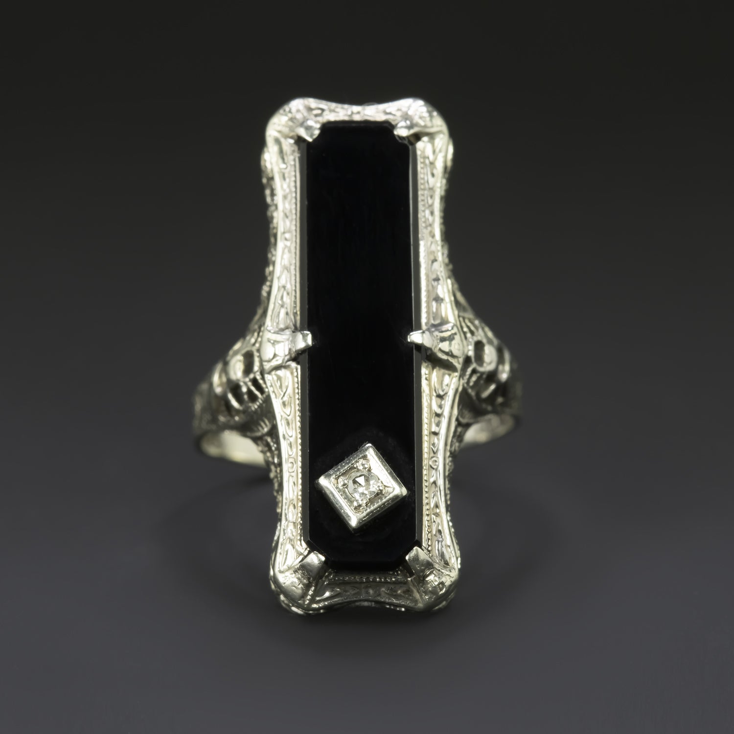 VINTAGE DIAMOND BLACK ONYX RING 14k WHITE GOLD FILIGREE NAVETTE 