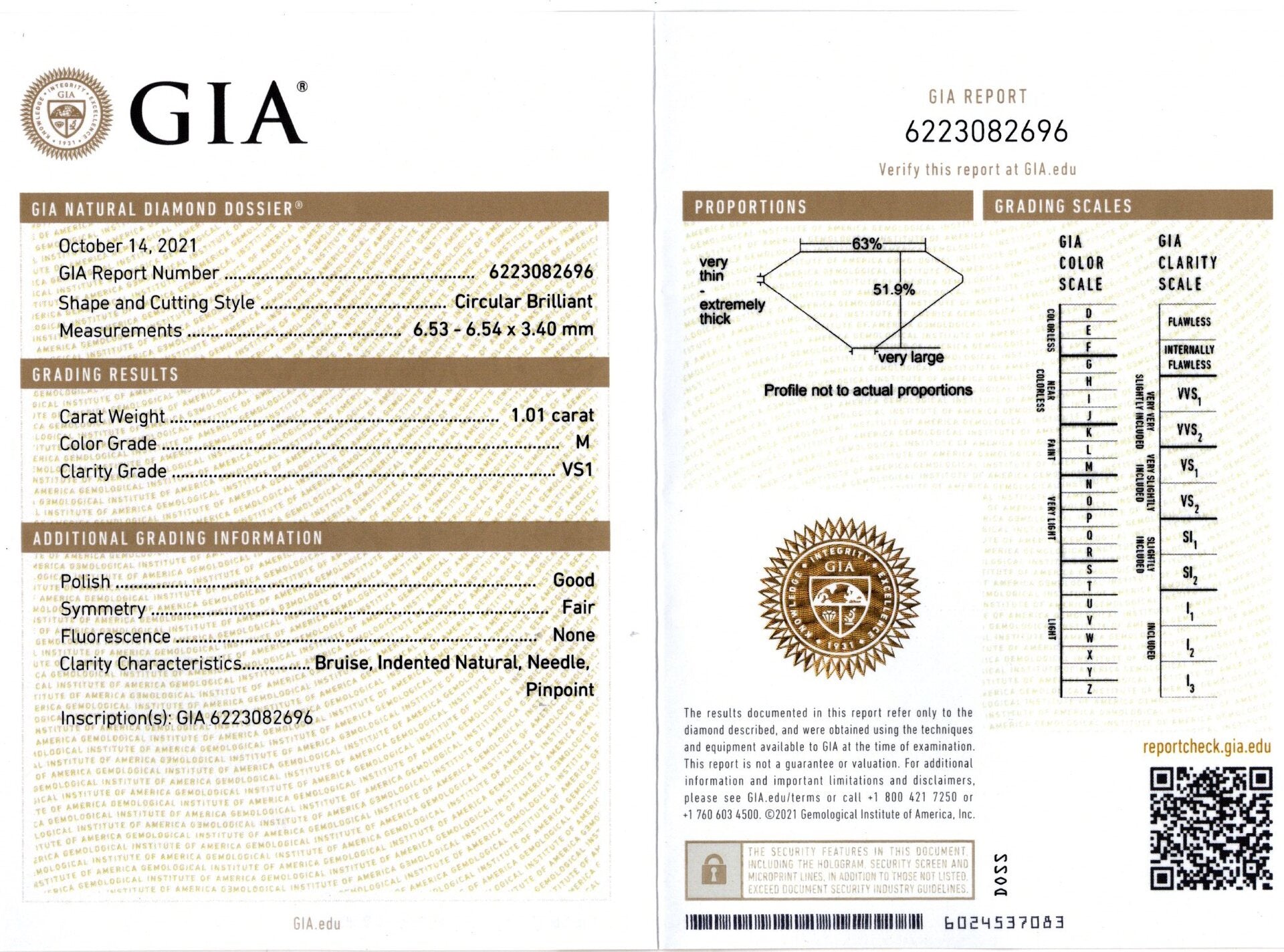 GIA diamond report for 1.01ct old European cut diamond, detailing carat weight, color, and clarity grade.