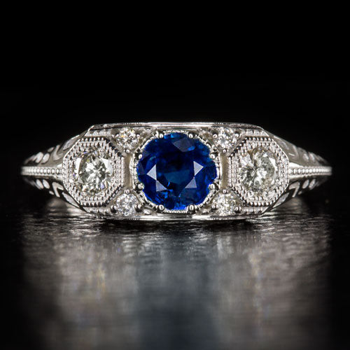 VINTAGE STYLE ART DECO STONE BLUE SAPPHIRE DIAMOND RING 14k