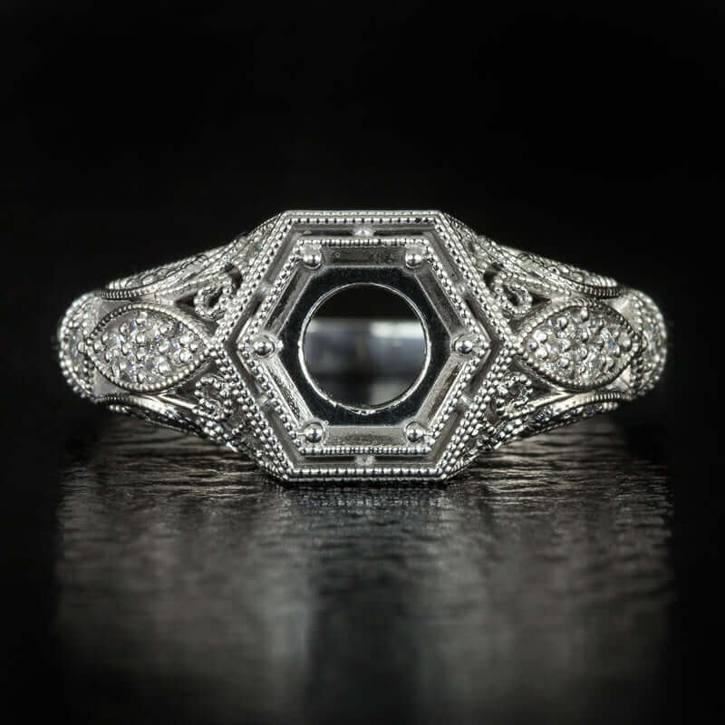 ART DECO DIAMOND SEMI MOUNT FILIGREE 6mm ENGAGEMENT RING SETTING