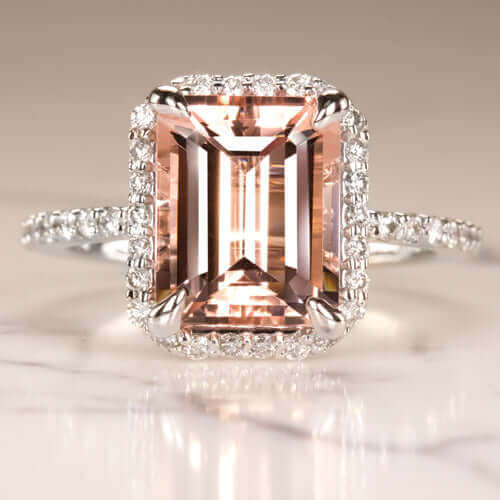 EMERALD CUT PEACH PINK MORGANITE DIAMOND ENGAGEMENT RING