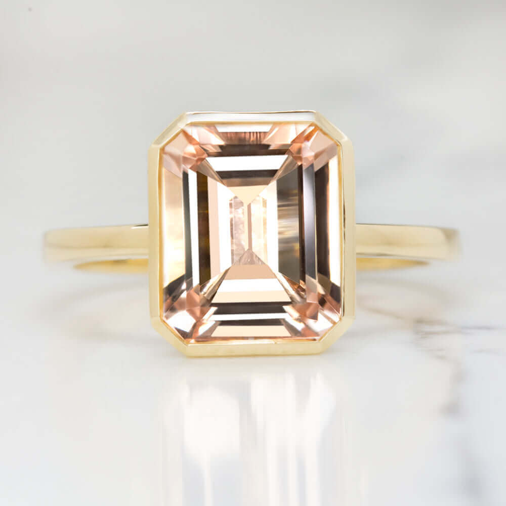 EMERALD CUT MORGANITE SOLITAIRE RING BEZEL 14K YELLOW GOLD