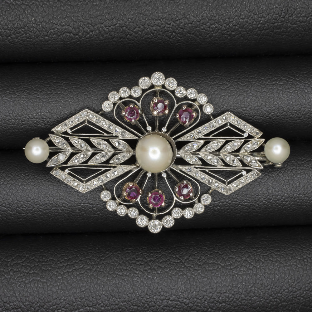 VINTAGE DIAMOND PEARL RUBY PIN PLATINUM ART DECO PENDANT