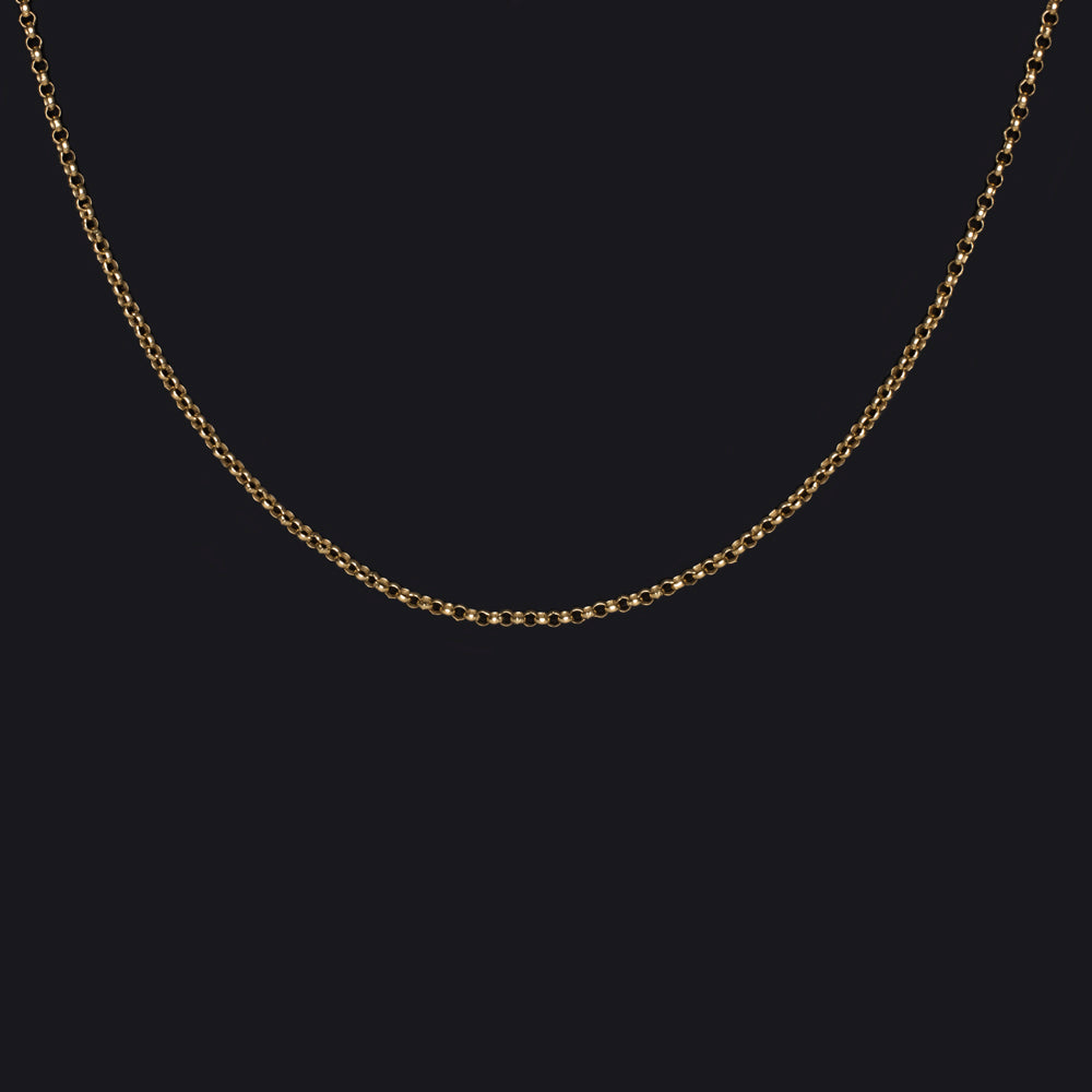 14k yellow gold rollo chain necklace, 20-inch dainty design for men and women, featuring small thick links and lobster clasp.