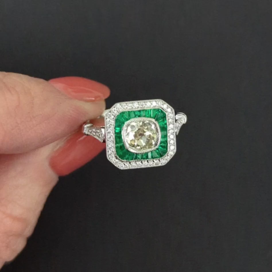 OLD MINE CUT DIAMOND EMERALD COCKTAIL RING VINTAGE STYLE WHITE GOLD CALIBRE HALO