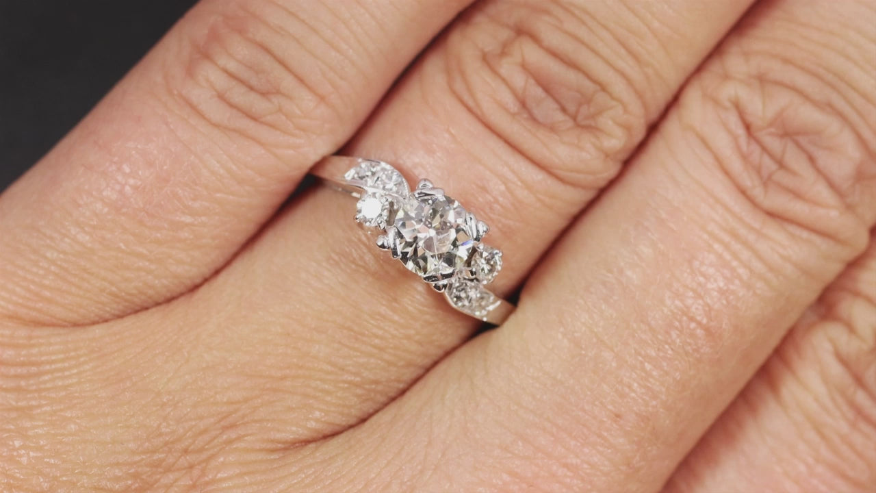 0.90ct OLD EUROPEAN CUT DIAMOND ENGAGEMENT RING H-I VS1 MID CENTURY WHITE GOLD