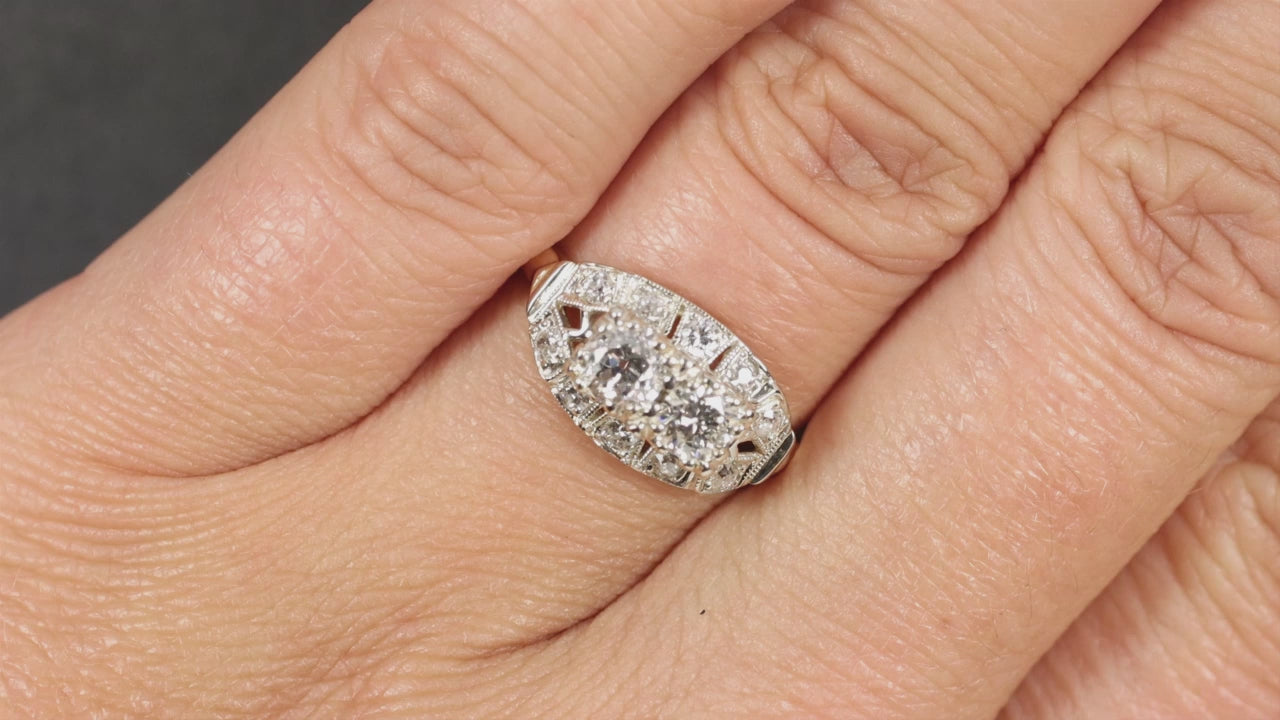 1.10ct VINTAGE DIAMOND COCKTAIL RING OLD EUROPEAN CUT ART DECO 14k TWO TONE GOLD