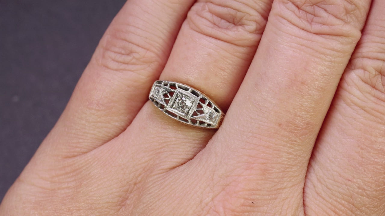 ANTIQUE DIAMOND ENGAGEMENT RING 3 STONE OLD MINE CUT FILIGREE 14k GOLD PLATINUM