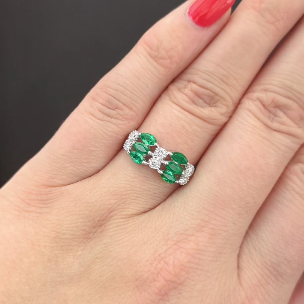EMERALD DIAMOND COCKTAIL RING 18k WHITE GOLD 3 ROW NATURAL WIDE MARQUISE SHAPE