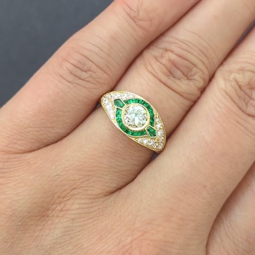 DIAMOND EMERALD ENGAGEMENT RING OLD EUROPEAN CUT VINTAGE STYLE HALO YELLOW GOLD