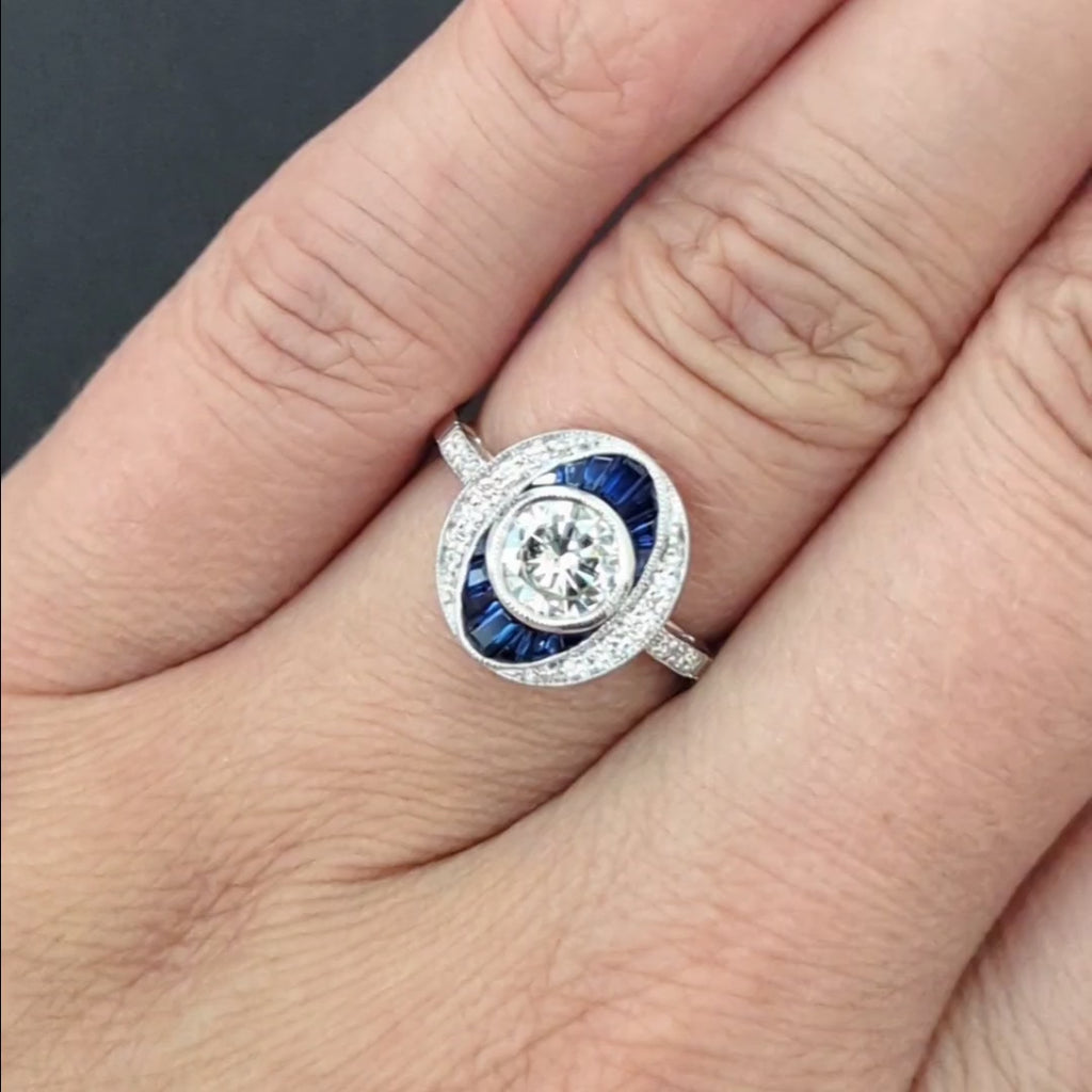 DIAMOND SAPPHIRE COCKTAIL RING VINTAGE STYLE 14k WHITE GOLD ROUND CUT HALO BEZEL