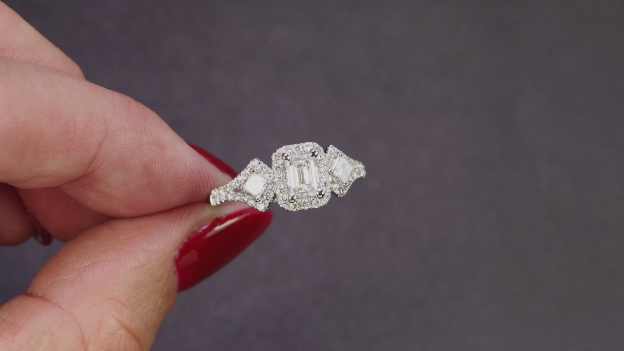1.07ctw NATURAL DIAMOND RING EMERALD CUT 14k WHITE GOLD HALO COCKTAIL ENGAGEMENT