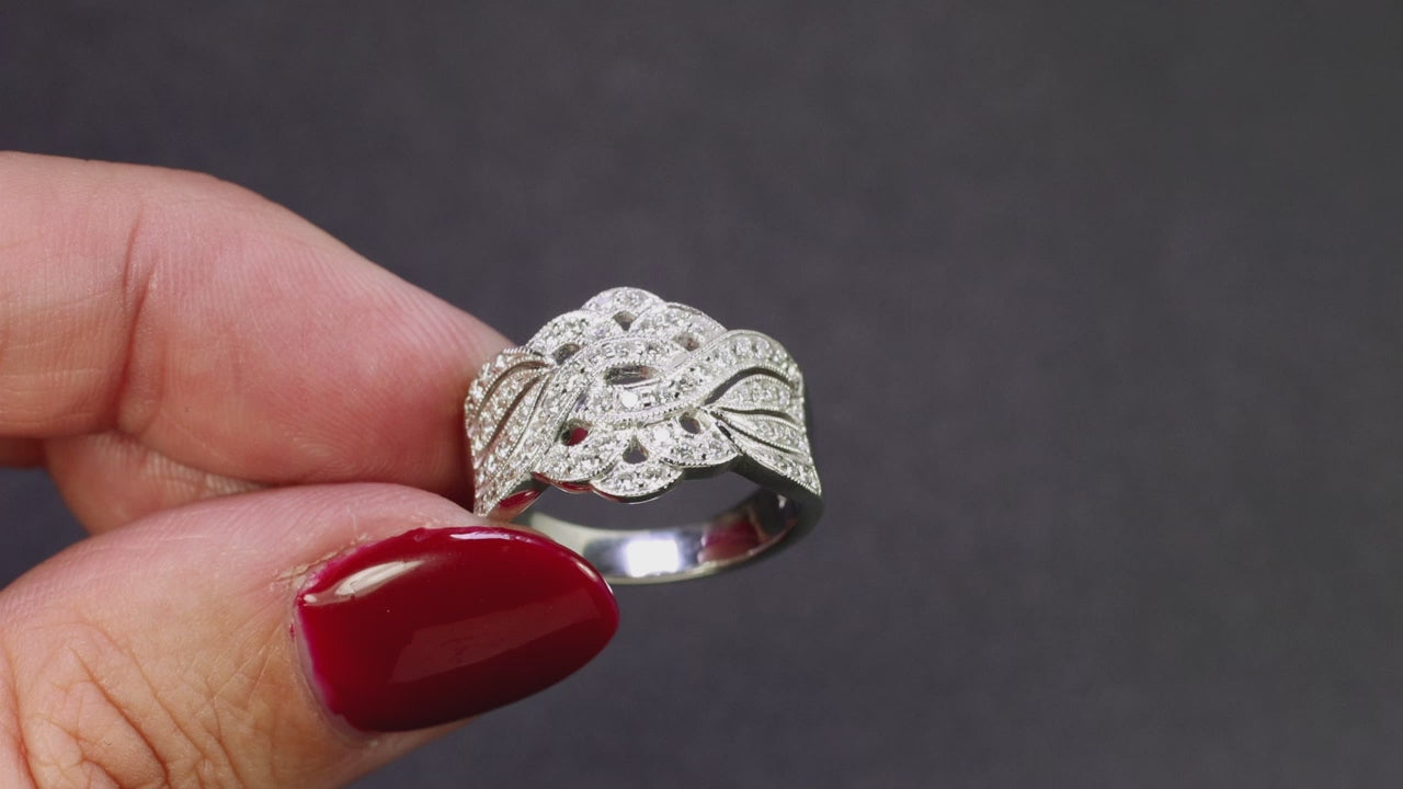 NATURAL DIAMOND COCKTAIL RING WIDE BAND 14k WHITE GOLD PAVE RIBBON MILGRAIN