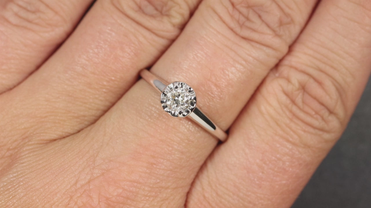 VINTAGE DIAMOND ENGAGEMENT RING 1/3ct OLD EUROPEAN CUT 14k WHITE GOLD SOLITAIRE