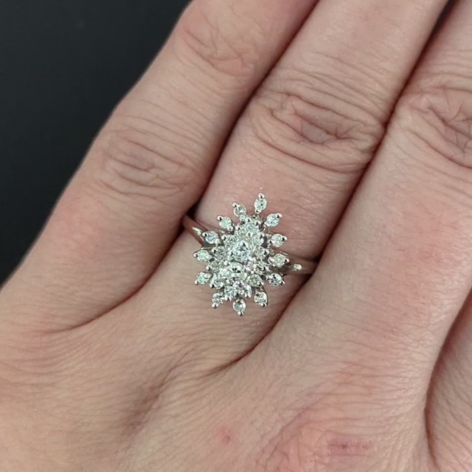 VINTAGE DIAMOND CLUSTER RING PEAR SHAPE COCKTAIL 14k WHITE GOLD NATURAL ESTATE