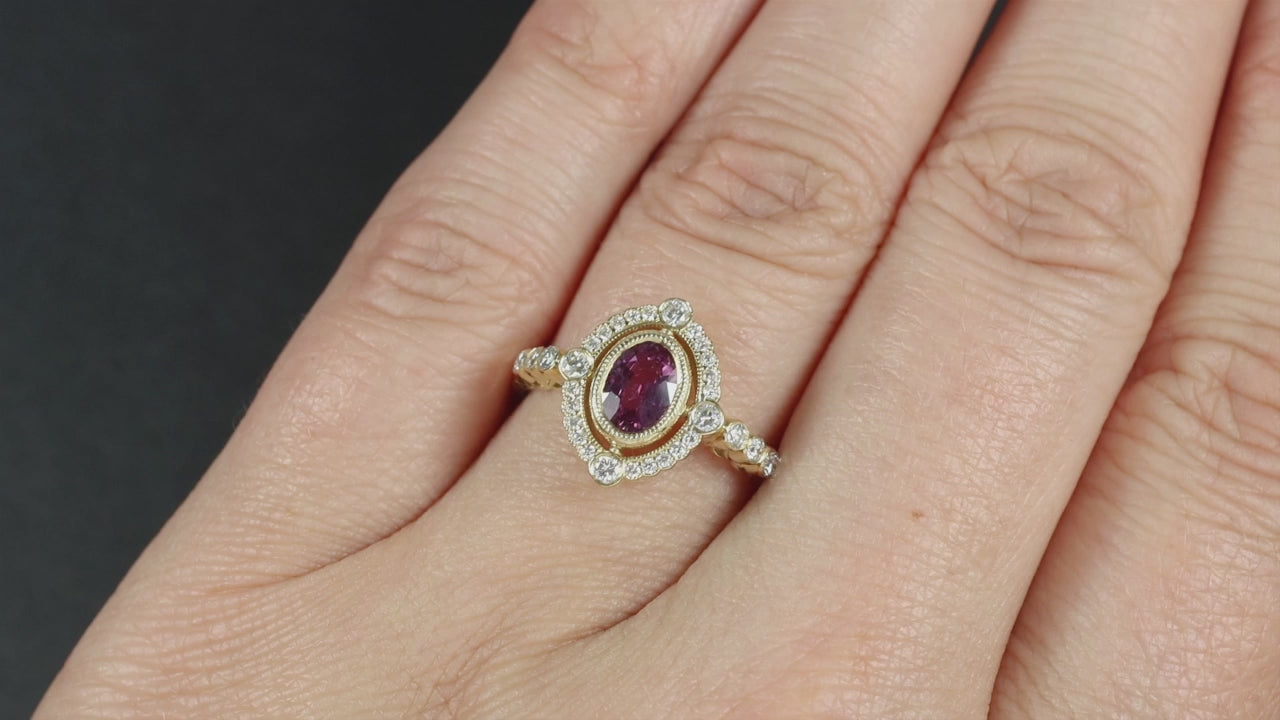 0.79ct NO HEAT PINK SAPPHIRE DIAMOND COCKTAIL RING VINTAGE STYLE HALO 14k GOLD