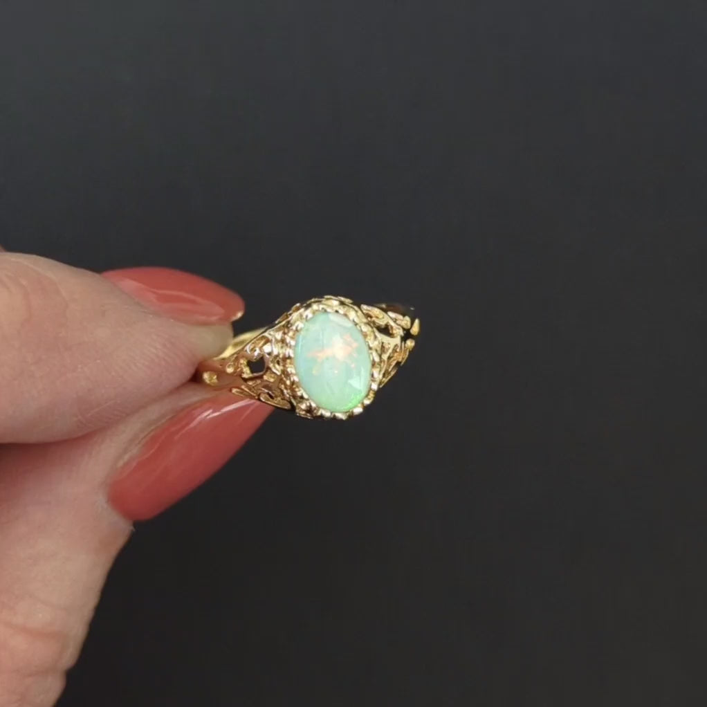 VINTAGE OPAL SOLITAIRE RING 14k YELLOW GOLD FILIGREE NATURAL OVAL SHAPE ESTATE