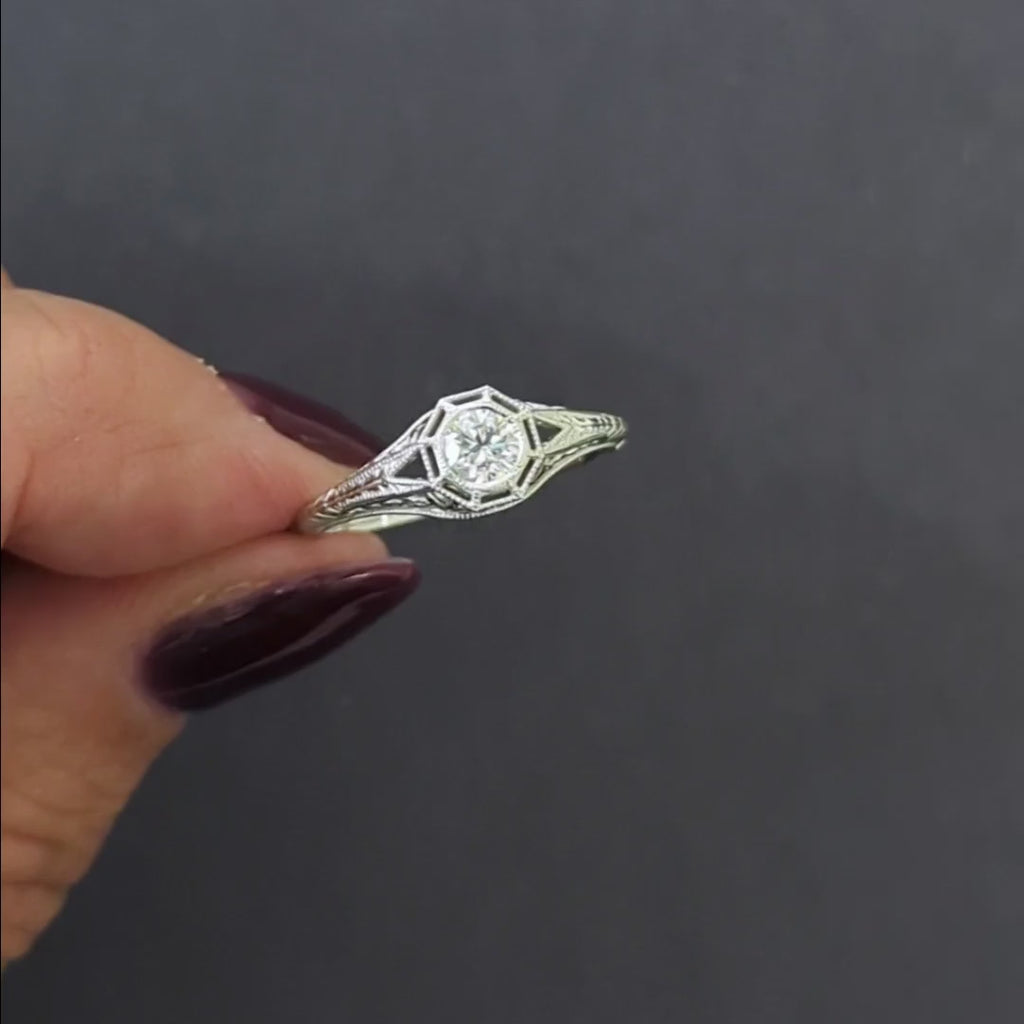 VINTAGE STYLE DIAMOND ENGAGEMENT RING 0.32ct G-H SI1-SI2 14k WHITE GOLD FILIGREE